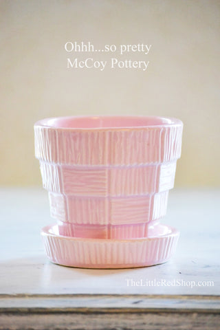 Vintage Mid-Century McCoy Pottery Pink Basket Weave Flower Pot