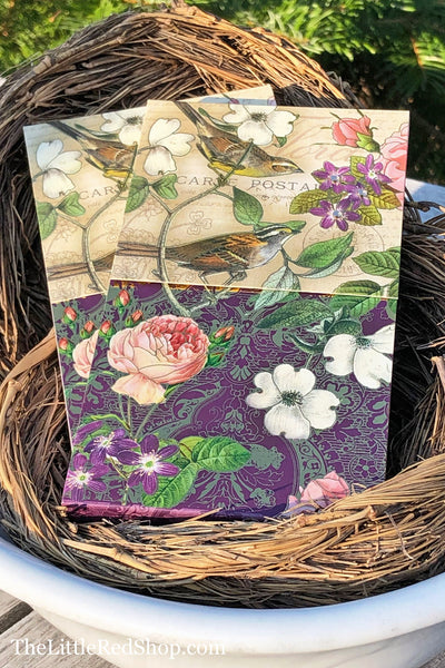 Purple Birds & Blooms Notepads displayed in Nests & Bowl