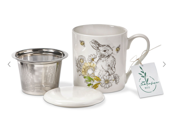 Tea infuser, lid, and white mug w/ Bunny, Bees, and Daisies