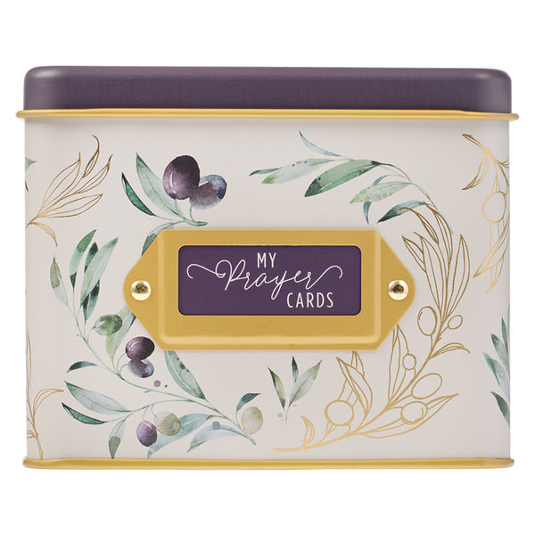 Front View Cream, Purple, and Golden Brass Prayer Card Tin featuring Olive Branches