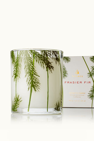Thymes Frasier Fir Candle in Clear Glass Jar Featuring Pine Branches