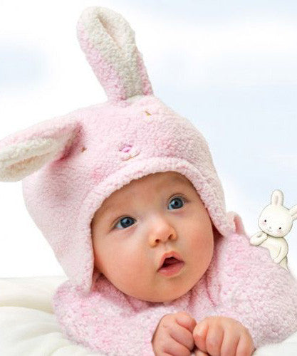 Baby wearing Bunnies by the Bay Blossom Bunny Pink Hat & Mitten Set