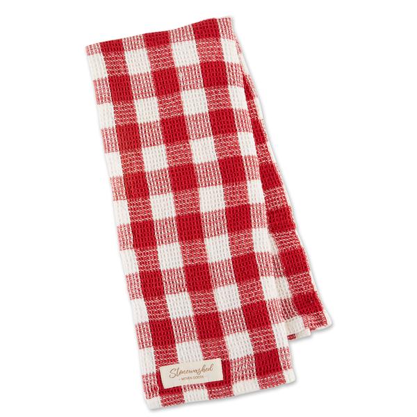 Close up red & white gingham check waffle Christmas kitchen towel