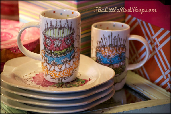 Happy Birthday Coffee Mugs with plates & pretty boxes